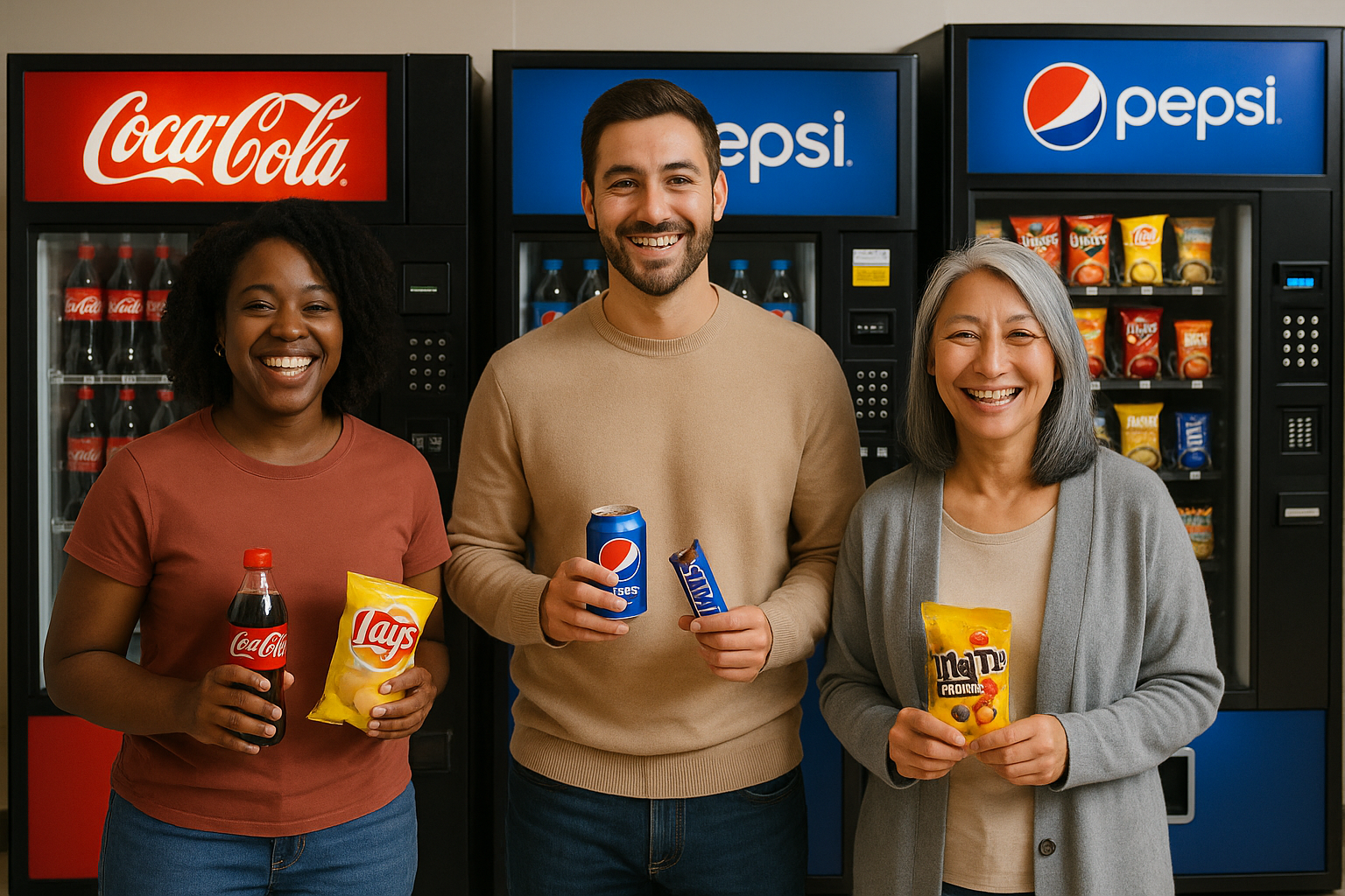 a diverse group of 3 individuals smiling enjoy vending machine snacks in front of 3 vending machines with coca-cola and Pepsi branding on the outside of the machine