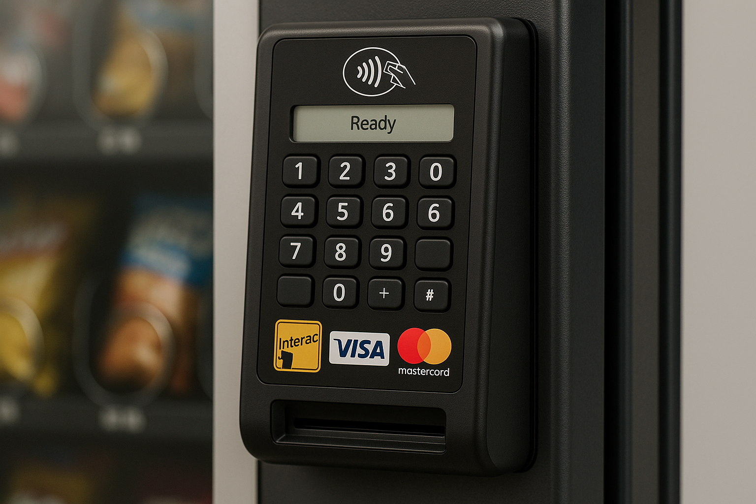 credit card payment reader on a vending machine with tap to pay and PIN number pad with Interac, Visa and Mastercard logos on it