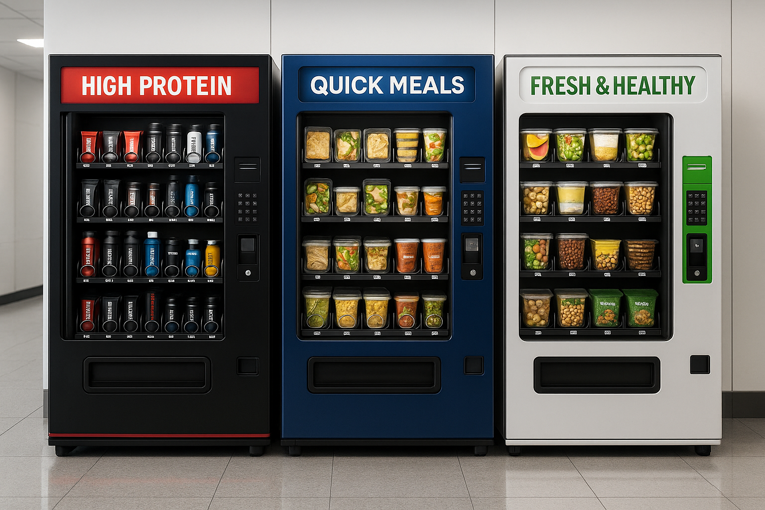 image of 3 vending machines, 1 with high protein snacks and drinks for a gym, 1 with quick on the go meals and 1 with fresh snacks like fruit slices, yogurt and nuts