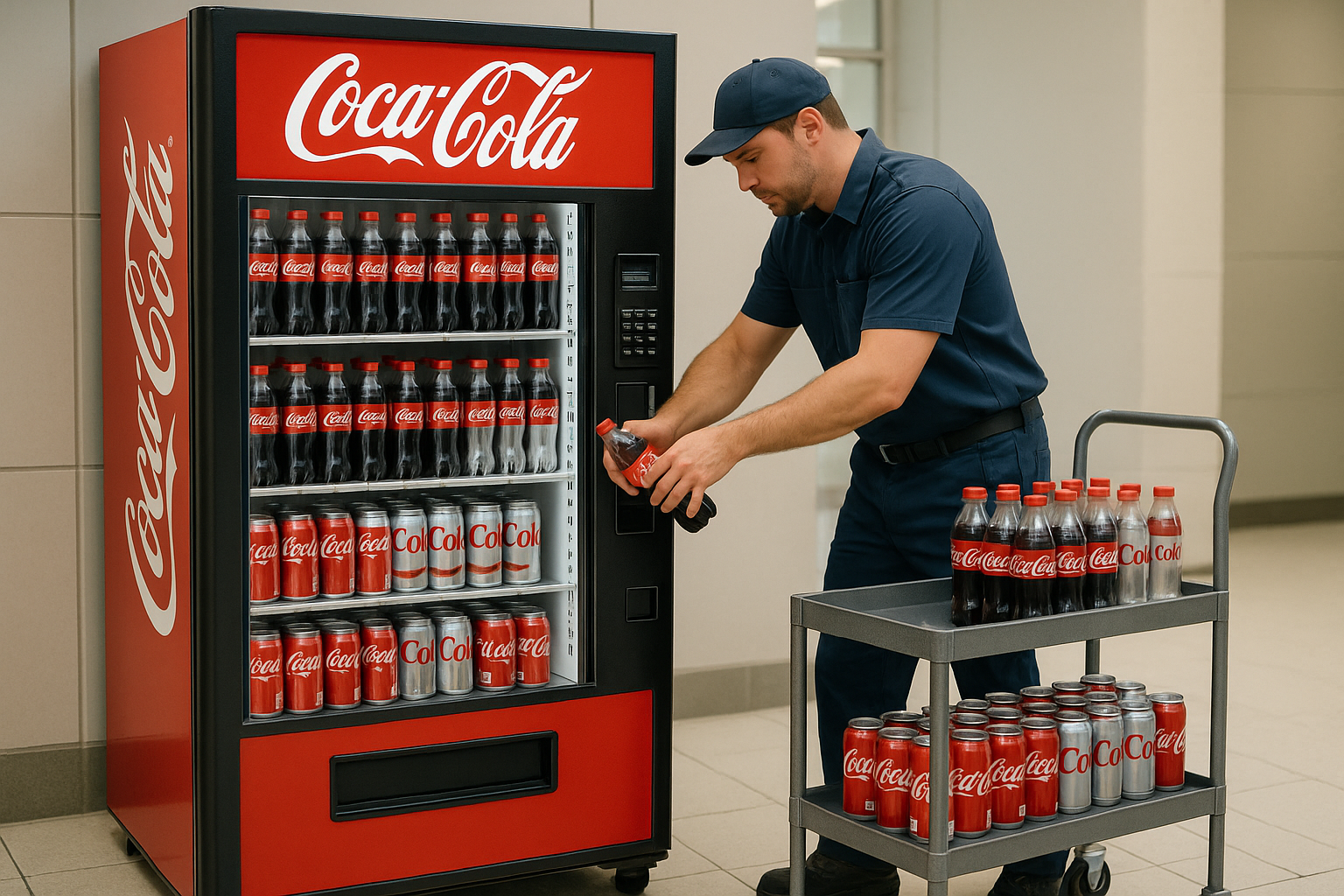 picture of a technician stocking a vending machine with Coca-cola branding